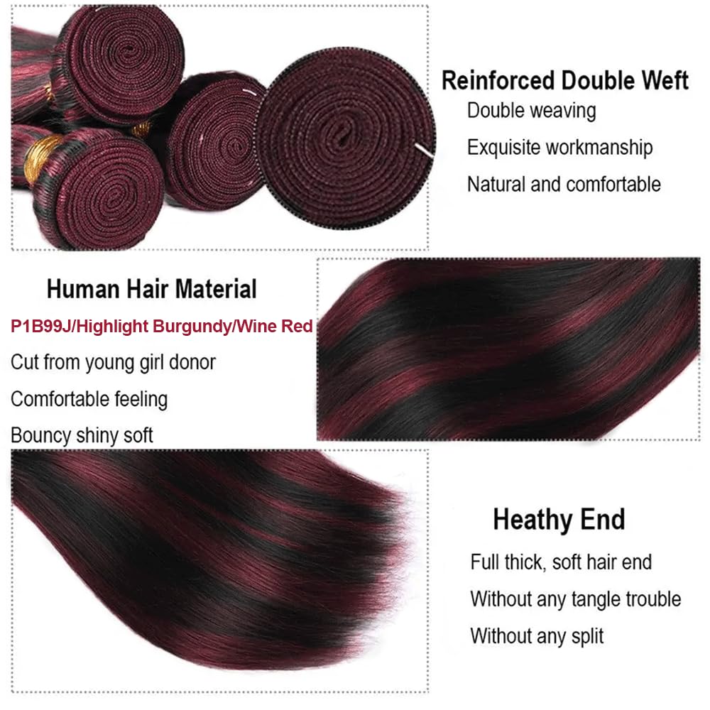 P1B99J Bundles Highlight Straight Human Hair Bundles Two Tone Mixed With Burgundy Bundles 3 Bundles 8 8 8 Inch Wine Red Straight Bundles Hair Weave 99J Bundles