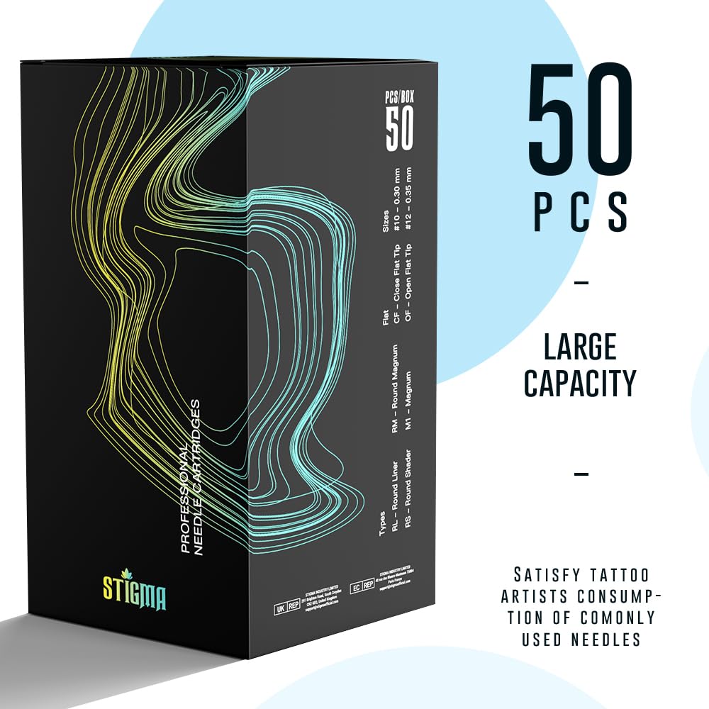 STIGMA Aquamarine Knight Tattoo Cartridge Needles #12(15RM) 50Pcs 0.35mm Standard Disposable Tattoo Needles Cartridges with Membrane Curved/Round Magnum EN02B-50-OF1215RM
