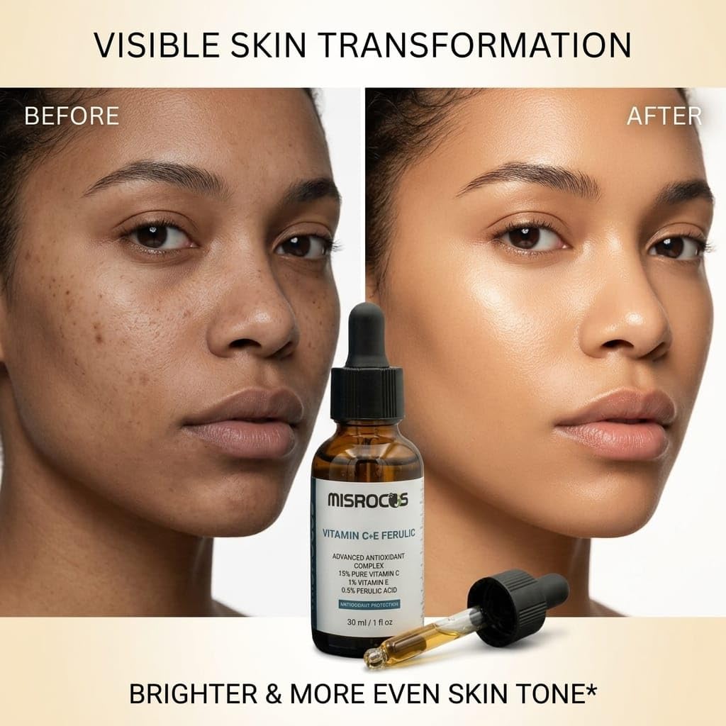 MISROCOS Vitamin C + E Ferulic Acid Serum - 30ml (1 fl oz) | Advanced Antioxidant Complex with 15% Pure Vitamin C | Brightening Face Serum for Fine Lines & Sun Damage (Pack of 1)