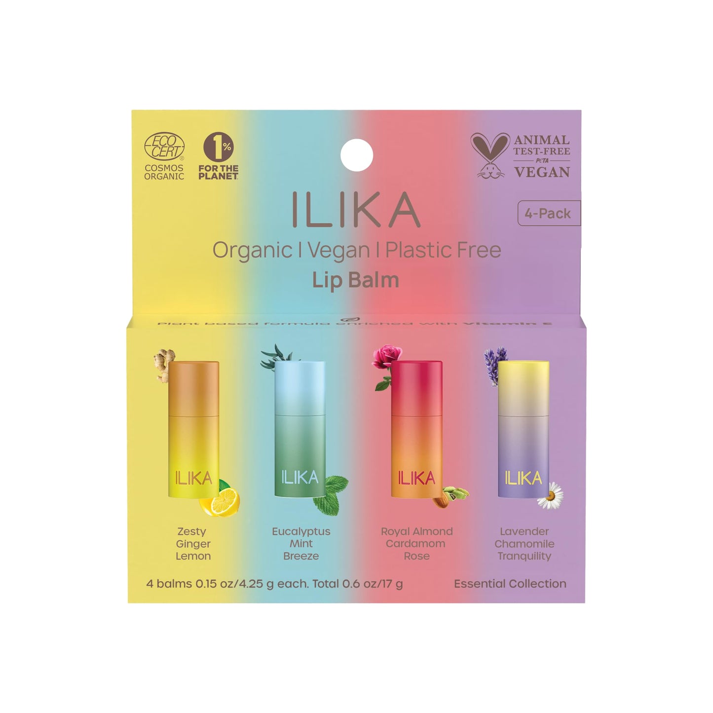 ILIKA 100% Natural Lip Balm - Organic, Plastic-free, Vegan, Vitamin E, COSMOS Certified, 4-Pack Essential Collection - Ginger Lemon, Eucalyptus Mint, Lavender Chamomile, Almond Cardamom Rose, 0.15 oz