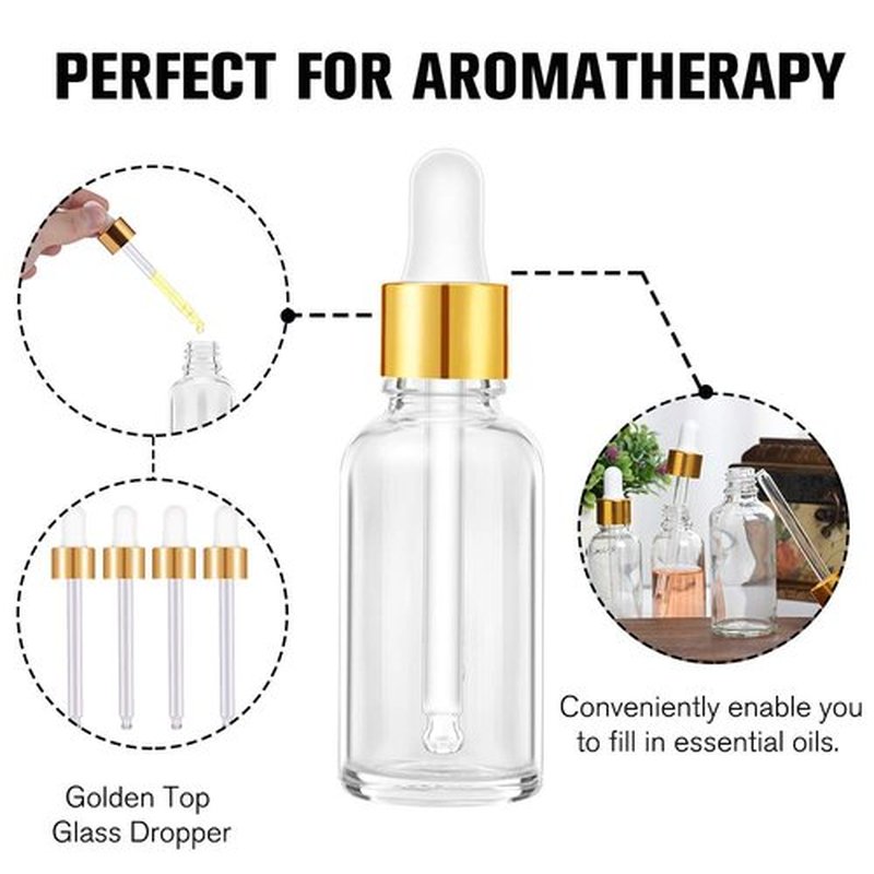 PrettyCare Eye Dropper Bottle 2 oz (63 Pack Clear Glass Bottles 60ml with Golden Caps, 2 Extra Eye Droppers, 120 Labels, 10 Funnel & Measured Pipettes) Empty Tincture Bottles for Essential Oils
