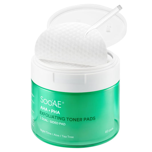 Soo'AE AHA + PHA Exfoliating Toner Pads, 60 Dual-Sided Pads I Smooth Skin Texture Care for Porcelain-Like Skin, Cruelty-Free, Korean Skincare