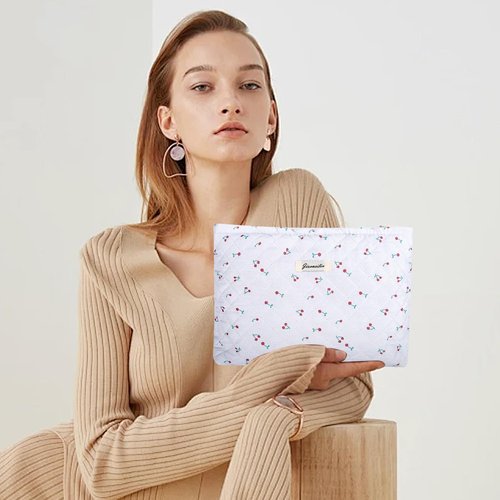 Wudimeitt Cosmetic bag Makeup bag Preppy Cute Corduroy Toiletry bag for women travel essentials (Red cherry)
