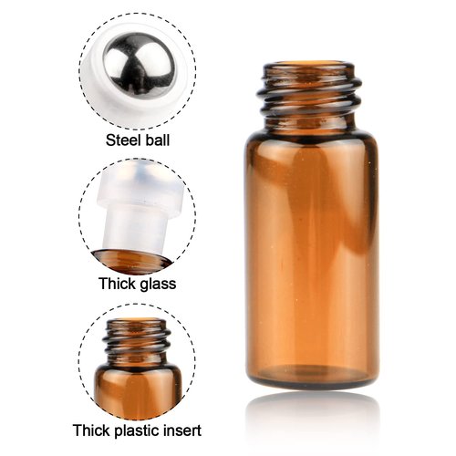 Wresty 25 Pcs Essential Oil Glass Roller Bottles Mini Tiny Refillable Empty Aromatherapy Perfume Liquid Amber Glass Roll On Bottles Vials Metal Rollerball Bottles Jar (2ml)