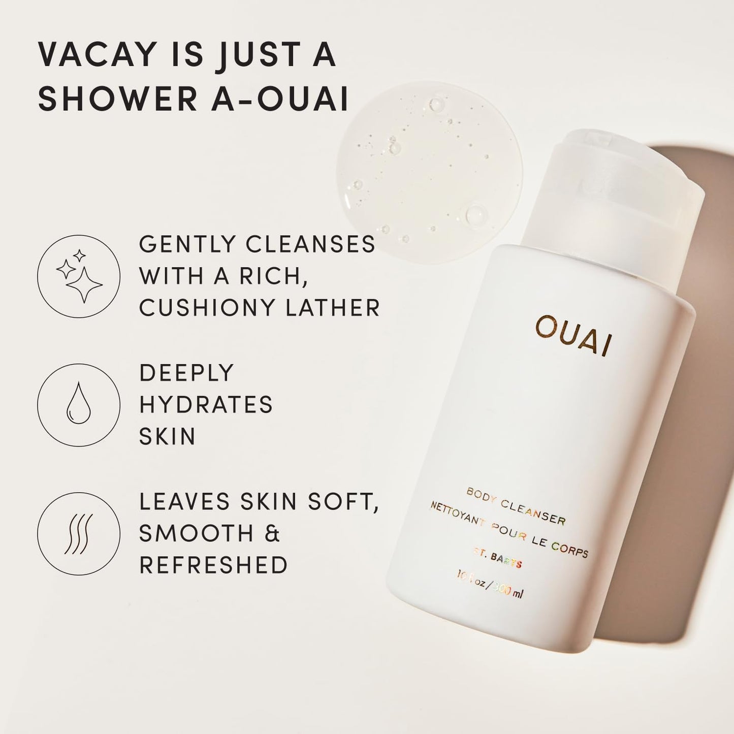 OUAI Body Cleanser, St. Barts Travel Size - Foaming Body Wash with Jojoba Oil & Rosehip Oil to Hydrate, Balance & Soften Skin - Paraben, Phthalate & Sulfate Free Skin Care Products (3 fl oz)