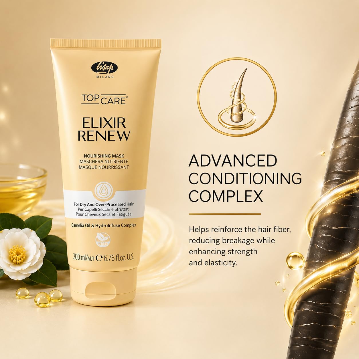 Lisap Elixir Renew Nourishing Hair Mask for Dry Damaged Hair with Camellia Oil | Deep Conditioning Hair Treatment & Hydrating Repair Mask for Soft, Shiny Hair, 6.76 fl oz