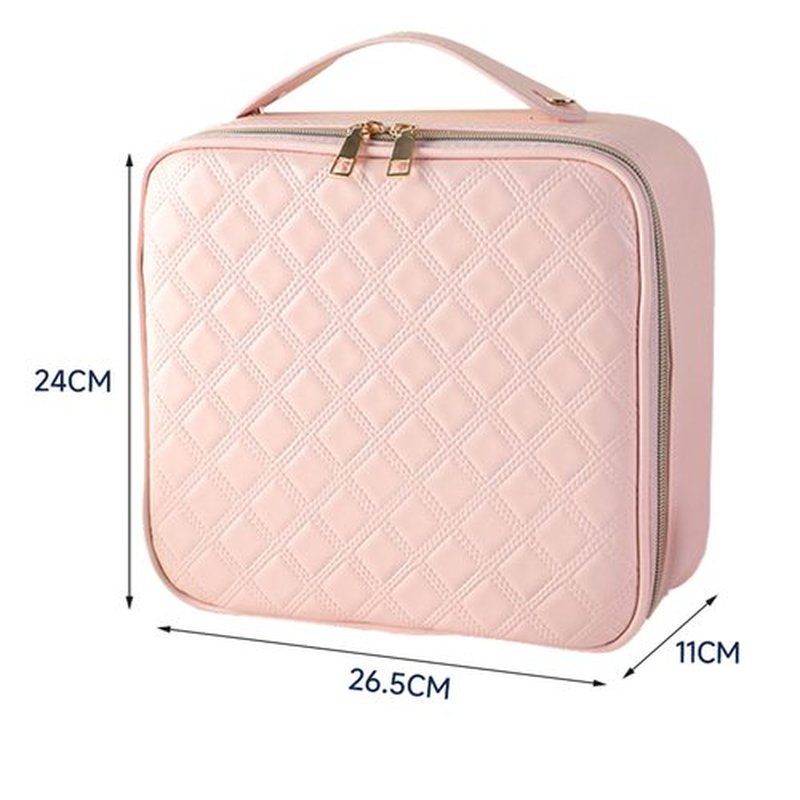 JXAUDEKK Large Capacity Travel Makeup Train Case with LED Mirror,Rechargeable LED Light for Makeup Cosmetic Case with Brushes Storage Organizer,Travel Box Cosmetic Bag for Women (Pu Leather Pink)