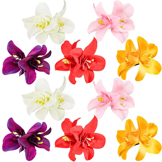 FERCAISH Flower Hairpin, Artificial Tropical Flower Hair Clip for Seaside Holiday, Bridal Hair Accessories, 10 Colors Hawaiian Flower Orchid Hairpin for Women and Girls