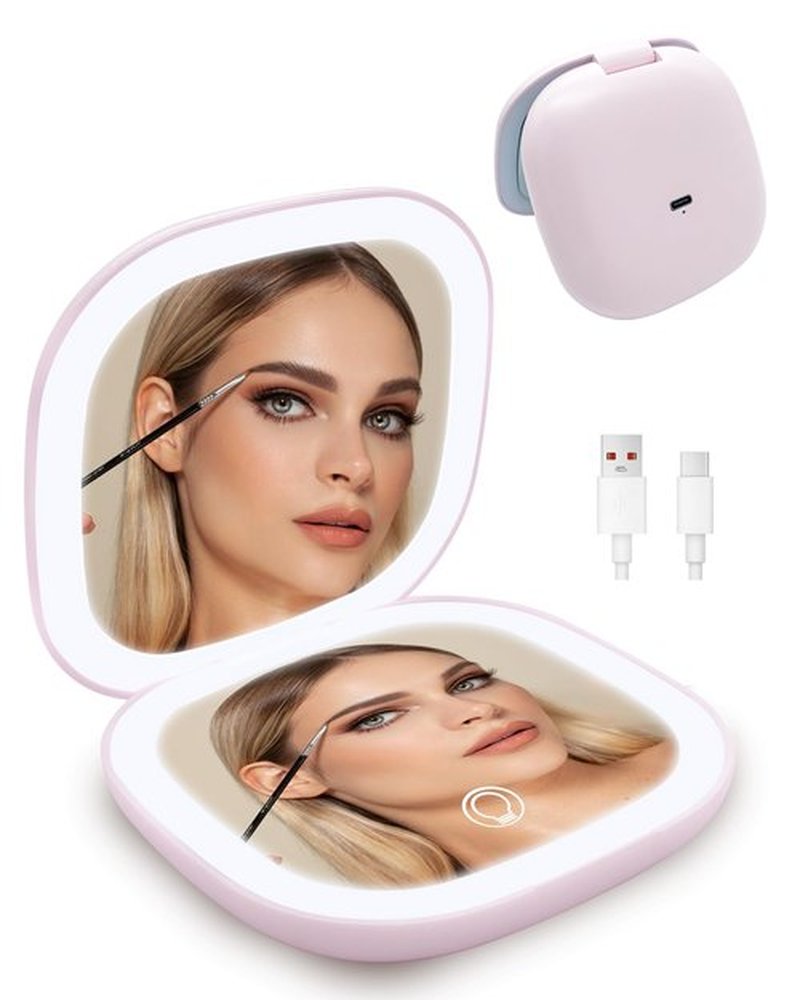 LHQOO LED Magnifying Travel Mirror 1/5x Portable Desktop Mirror - Magnifying Portable Double-Sided Dimmable USB Charging Touch Screen for Travel, Daily Commute and Dating (Pink)