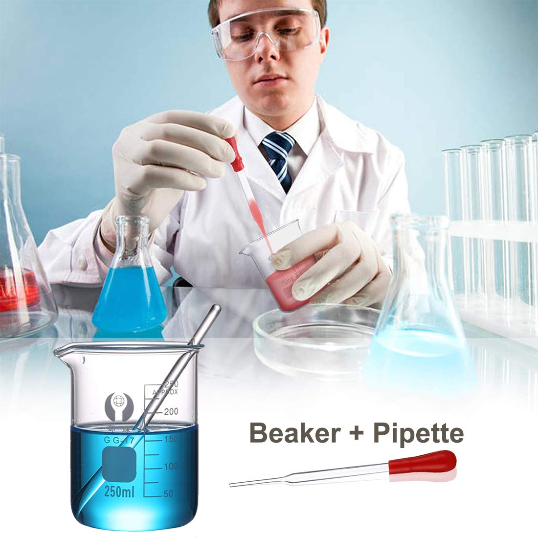 Glass Beakers Set, ZEEROQOLAB 5pcs Measuring Beaker 1000ml 500ml 250ml 100ml 50ml with 2pcs Cleaning Brush, 3pcs Droppers and 2pcs Glass Stirring Rods