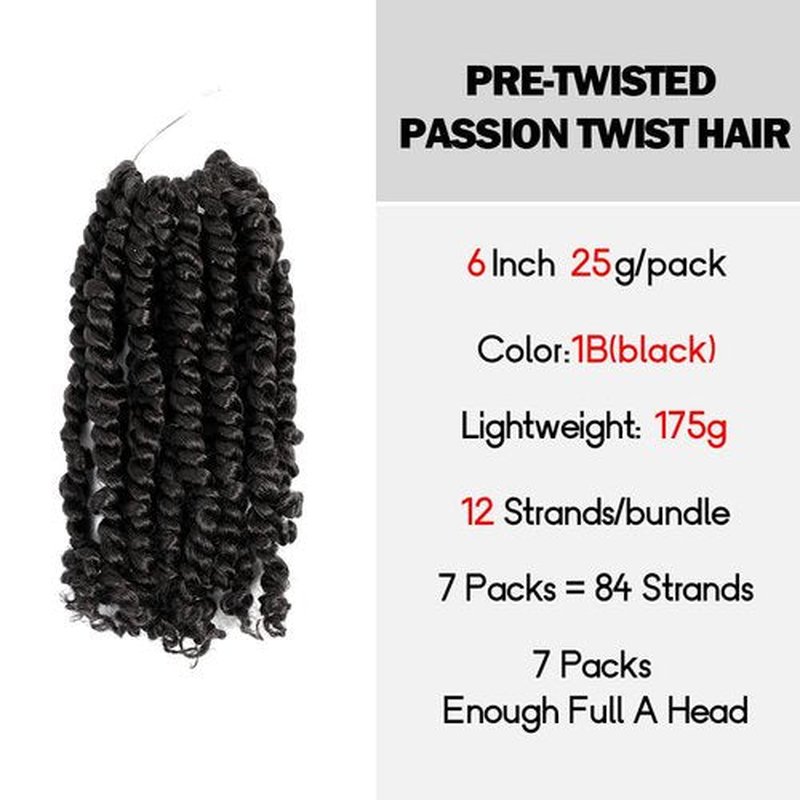 Wudas Short Passion Twist Hair 6 Inch Pre-twisted Passion Twists Crochet Hair Natural Black Pre-looped Synthetic Crochet Braids (7 Packs,1B)