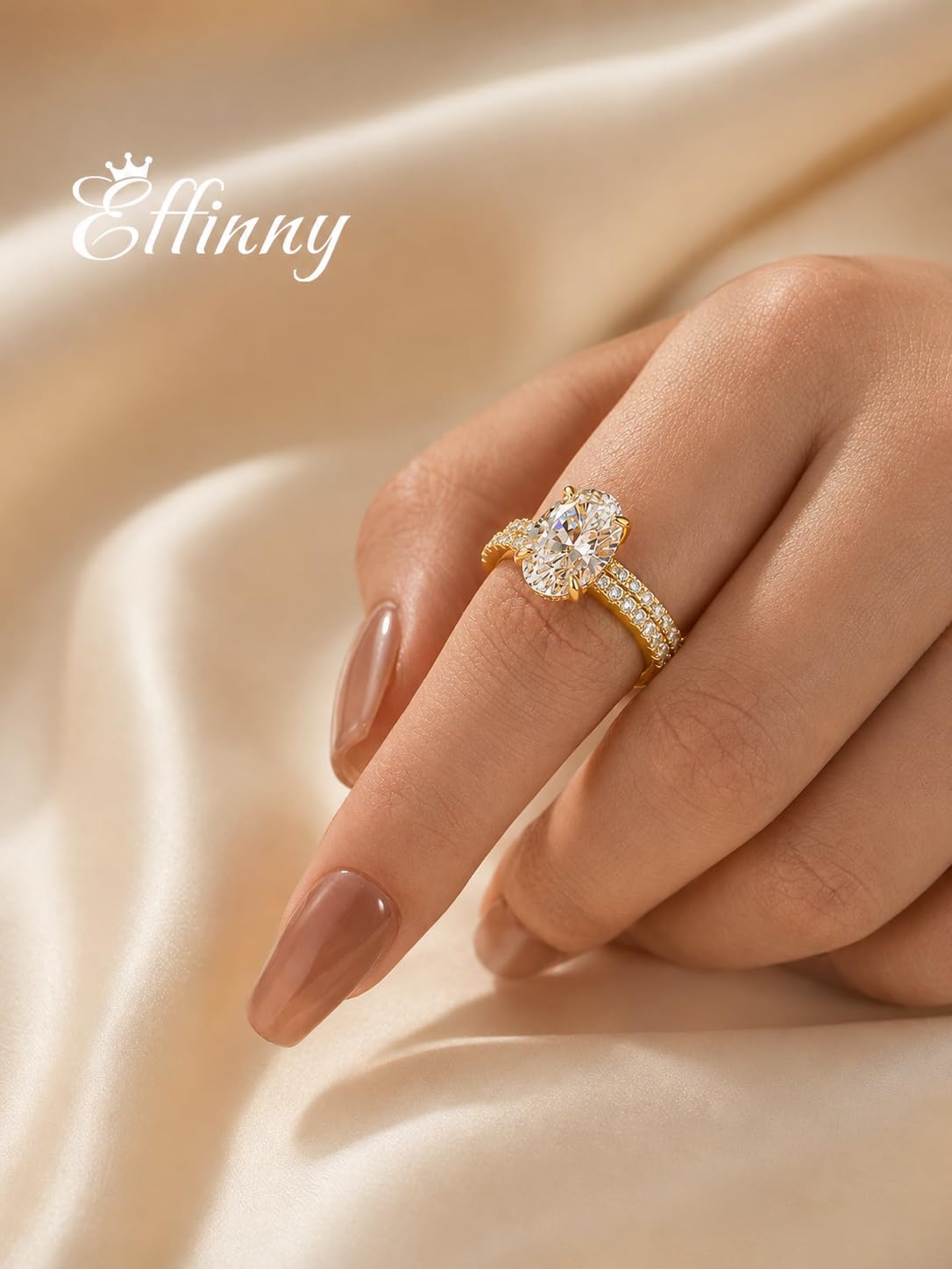 Effinny 3.5ct Elongated Oval Cut Engagement Ring Set,925 Sterling Silver Bridal Ring Set with Half Eternity Wedding Ring (Golden, 7.5)
