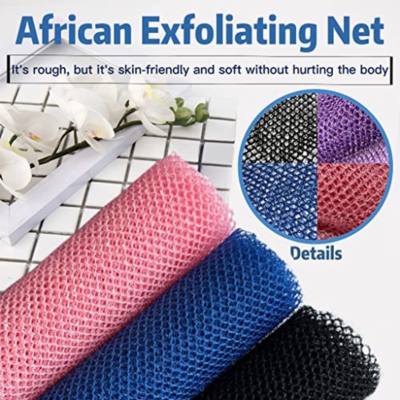 SPMKTBOZAI African Exfoliating Net, 4 Pieces African Net Sponge, Nylon African Bath Sponge Net, African Net Long Net Bath Sponge Shower Body Scrubber(Black, White, Brown, Blue)