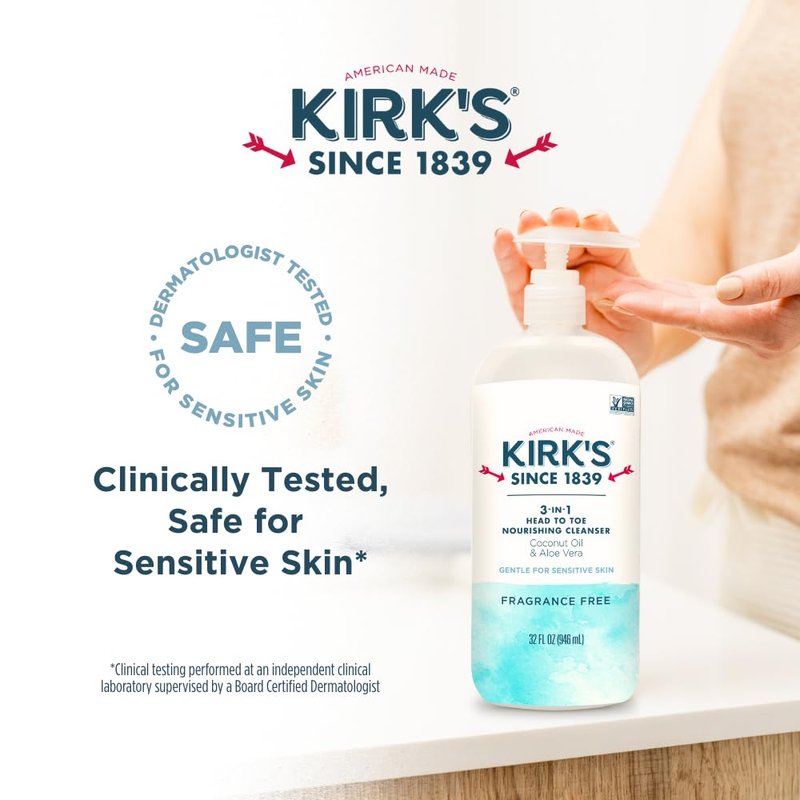 Kirk's 3-in-1 Nourishing Cleanser | Fragrance-Free Shampoo, Body Wash & Bubble Bath with Coconut Oil & Aloe Vera - 32 Fl Oz (Pack of 2)