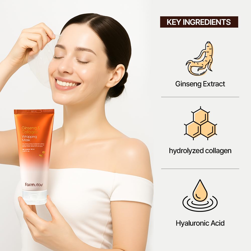 FARMSTAY Ginseng Collagen Wrapping Mask for Glass Skin - Hydrating Peel Off Face Mask with Real Ginseng Extract, Night Facial Skincare for Glowing & Radiance, Includes Application Brush, 5.07 fl oz