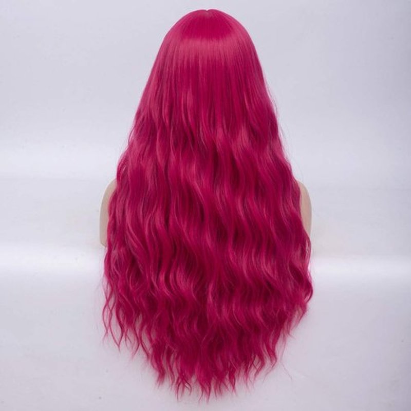BERON 27 Inches Dark Pink Wig with Bangs Hot Pink Wig for Women Fluffy Wavy Heat Resistant Synthetic Wig (Hot Pink)