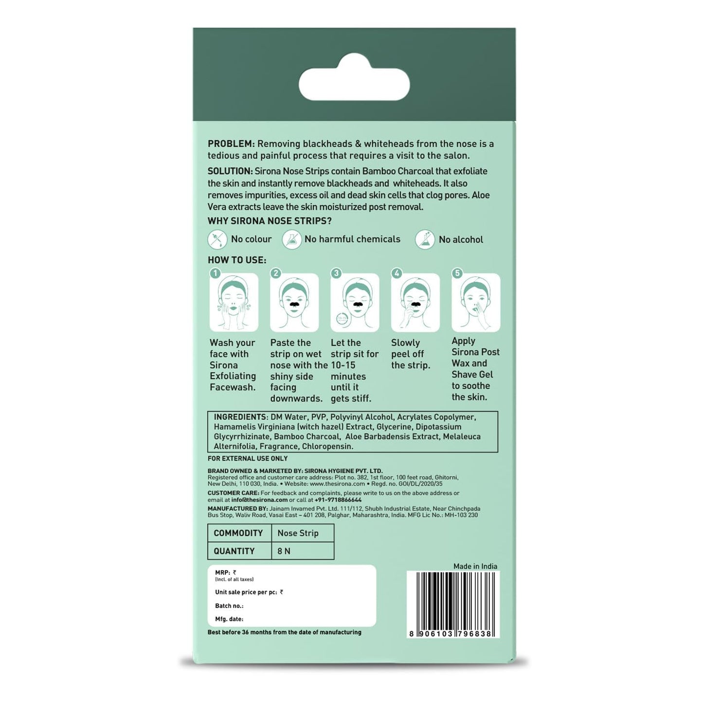 Sirona Blackhead Remover Bamboo Charcoal Nose Strips for Women – Pack of 8 | Painless & Instant Removal of Whiteheads, Blackheads, Pore Cleanser, Dirt & Oil