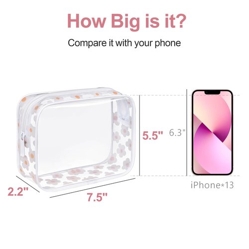 PACKISM TSA Approved Toiletry Bag - White Flower Print Clear Makeup Bag, Suitable for Gifts, with Supporting Frame, Perfect for Travel Essentials, Thick No Smell