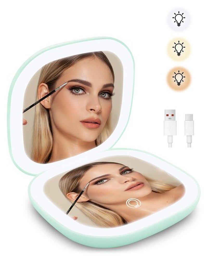 LHQOO LED Magnifying Travel Mirror 1/5x Portable Desktop Mirror - Magnifying Portable Double-Sided Dimmable USB Charging Touch Screen for Travel, Daily Commute and Dating (Green)