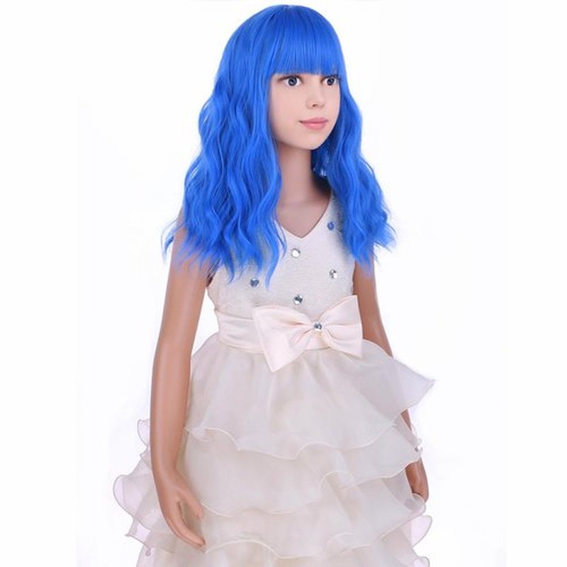 PATTNIUM Kids Child Wig Blue Wig for Kids Short Blue Wig with Bangs for Girls Mixed Blue Wigs Cosplay Party Synthetic Wig with Wig Cap(Mixed Blue)