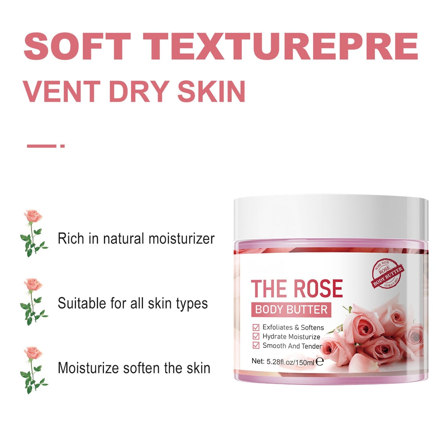 Grospe Rose Body Butter for Dry Skin,with Natural Rose Oil,Exfoliates & Softens,Hydrate Moisturize Smooth And Tender - 5.28 FL OZ