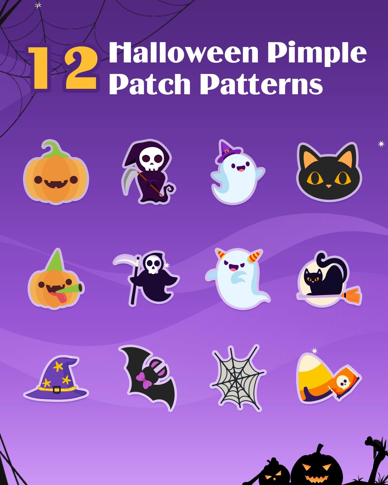 Attyxfica Halloween Acne Pimple Patches Cute - 144 Count Hydrocolloid Pimple Patches for Face, Spot Treatment Stickers w/Salicylic Acid & Tea Tree Oil for Zits and Blemishes, 2 Sizes & 12 Patterns