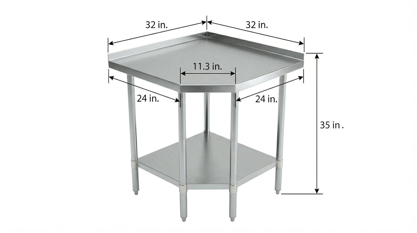 Stainless Steel Corner Work Table 32 in. x 32 in. x 35 in. with 1.5 in. Backsplash, Galvanized Undershelf, 5 Leg Support, Commercial Prep Table for Restaurant Kitchen Utility