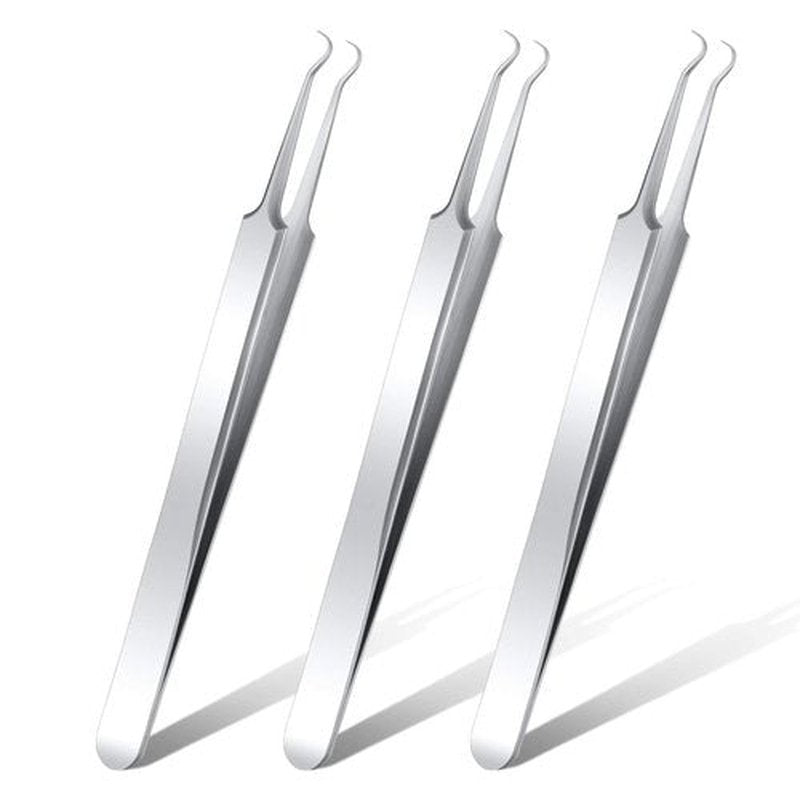 Honoson 3 Pcs Blackhead Tweezer Stainless Steel Pimple Tweezers Extractor Tool for Remove Blackhead Zit Whitehead Pimple Bend Curved Tweezer Skin Blackhead Remover Tools(Silver)