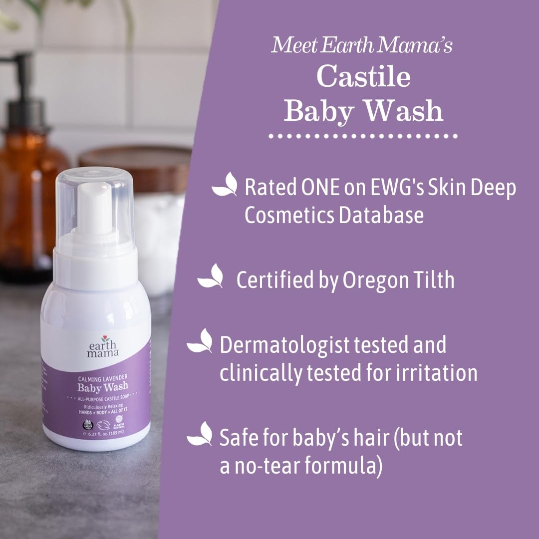 Earth Mama Calming Lavender Baby Wash Liquid Foaming Hand Soap, All-Purpose Lavender Body Wash for Sensitive Skin, Castile Soap with Coconut Oil, Shea Butter, Calendula, & Aloe, 6.27 Fl Oz