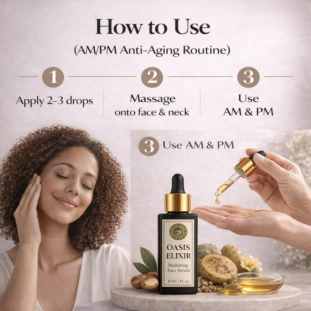 LAYA VERT Oasis Elixir Face Oil Serum, Deep Hydration and Radiant Glow, Fast Absorbing, Non Greasy, Helps Reduce the Look of Fine Lines, Argan and Prickly Pear, Jojoba, Vitamin E, 1 fl oz (30 mL)