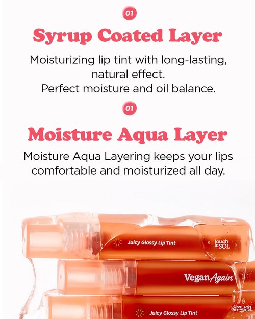 Touch in Sol Vegan Again Juicy Glossy Lip Tint - High Pigmented & Glossy Korean Lip Tint - Shiny Translucent Color - Glowy Hydrated Lips, Moisturizing and Plumping, 0.13 fl.oz. (02 Smile Peach)