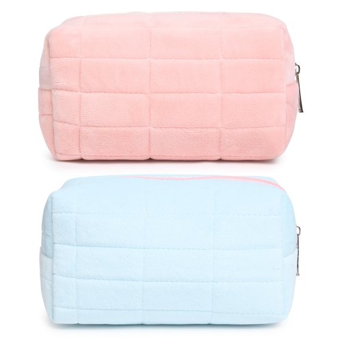SOIDRAM 2 Pieces Makeup Bag Cute Cosmetic Bag Plush Pink Blue Checkered Makeup Pouch Coquette Travel Toiletry Bag Organizer Fluffy Makeup Brushes Puffy Storage Bag for Women