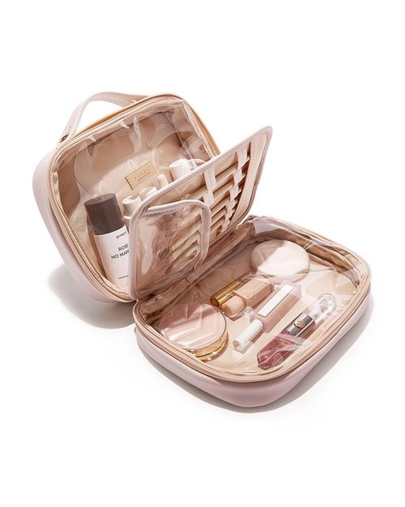 EACHY Travel Makeup Bag, Large Capacity Cosmetic Bags for Women, Waterproof PU Leather Make Up Bag with Makeup Brush Organizer (Pink)