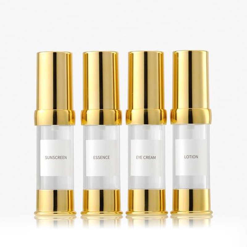 XQNCBY Gold Travel Pump Bottle for Toiletries Travel Size Airless Pump Bottles Travel Set Makeup Pump Dispenser with Box Refillable Empty Makeup Pump Bottle (0.5 oz/15 ml, 4 Packs)