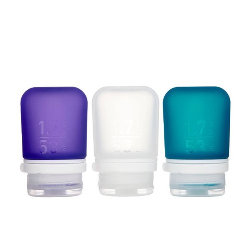 humangear GoToob+ Refillable Silicone Travel Size Bottles with Locking Cap, 3pk Set, Clear/Purple/Teal, Small (1.7 fl.oz; 53ml)