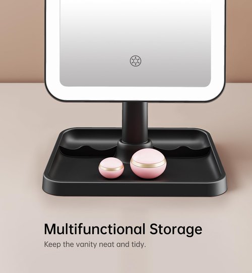 Famihomii Rechargeable Makeup Mirror with Lighting, Lighted Makeup Mirror with 3 Model Lights & 10X Mini Magnifying Mirror, 360° Rotation Durable Table Mirror with Storage, Detachable Design
