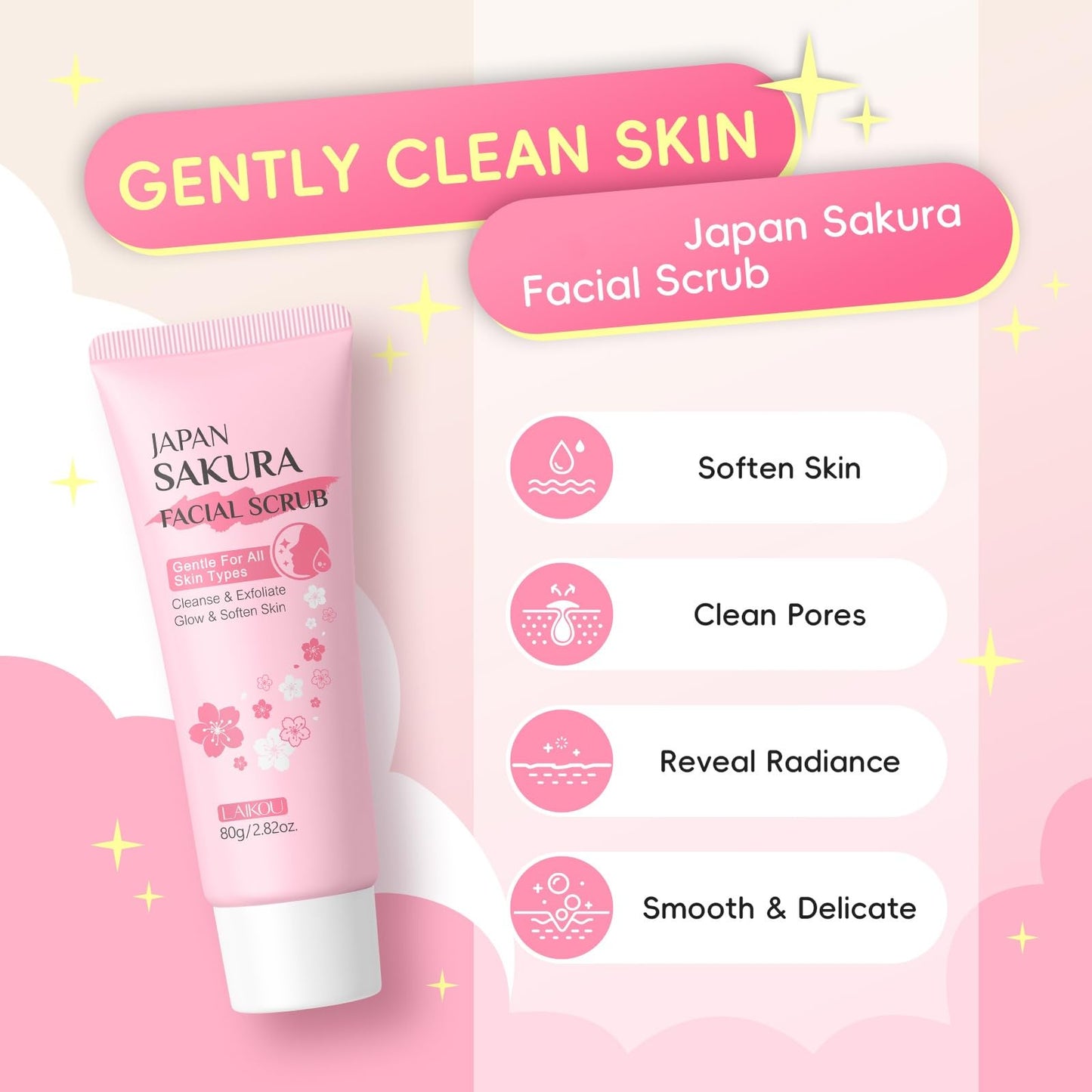 New Cover Facial Scrub for Women Gently Exfoliating Refining Pores, JAPAN SAKURA Face Exfoliator Scrub Cleanser Remove Dead Skin & Blackheads Face Wash Glow Moisturizes, Smooths, Softens (80g/2.82oz.)