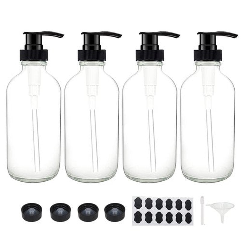 BPFY 4 Pack 8 oz Clear Glass Pump Bottles, Boston Round Bottles with Pumps for Lotion, Soap, Lotions, Massage Oils, Refillable Containers with Cap, Funnel, 12 Chalk Labels, 1 Pen