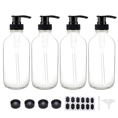 BPFY 4 Pack 8 oz Clear Glass Pump Bottles, Boston Round Bottles with Pumps for Lotion, Soap, Lotions, Massage Oils, Refillable Containers with Cap, Funnel, 12 Chalk Labels, 1 Pen