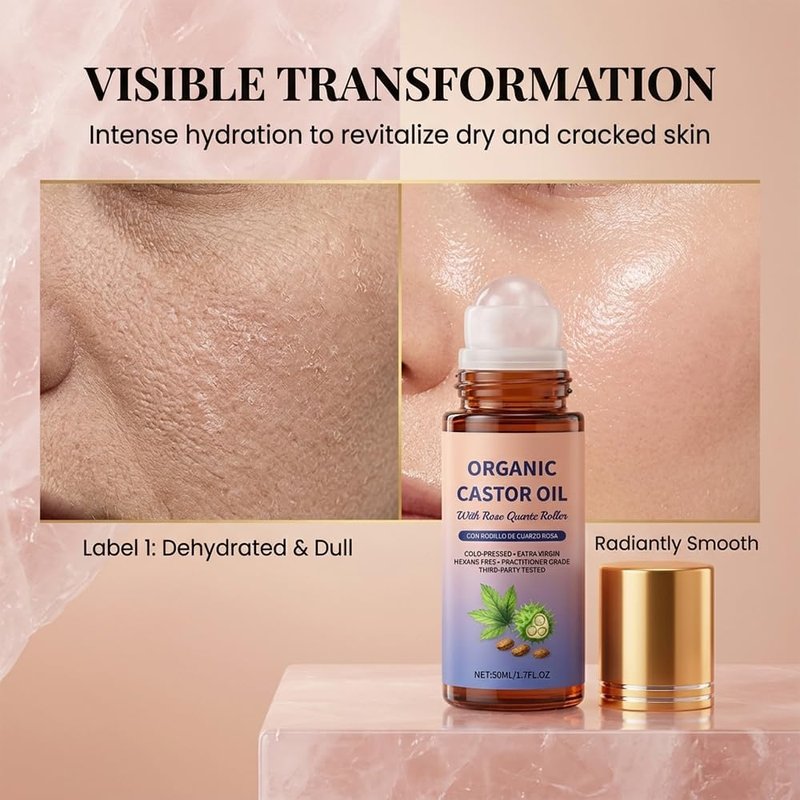 Organic Castor Oil Roll On, 100% Cold Pressed, with Rose Quartz Roller, for Brows, Lashes, Dry Skin & Face, Travel Friendly Leakproof Bottle (1p)
