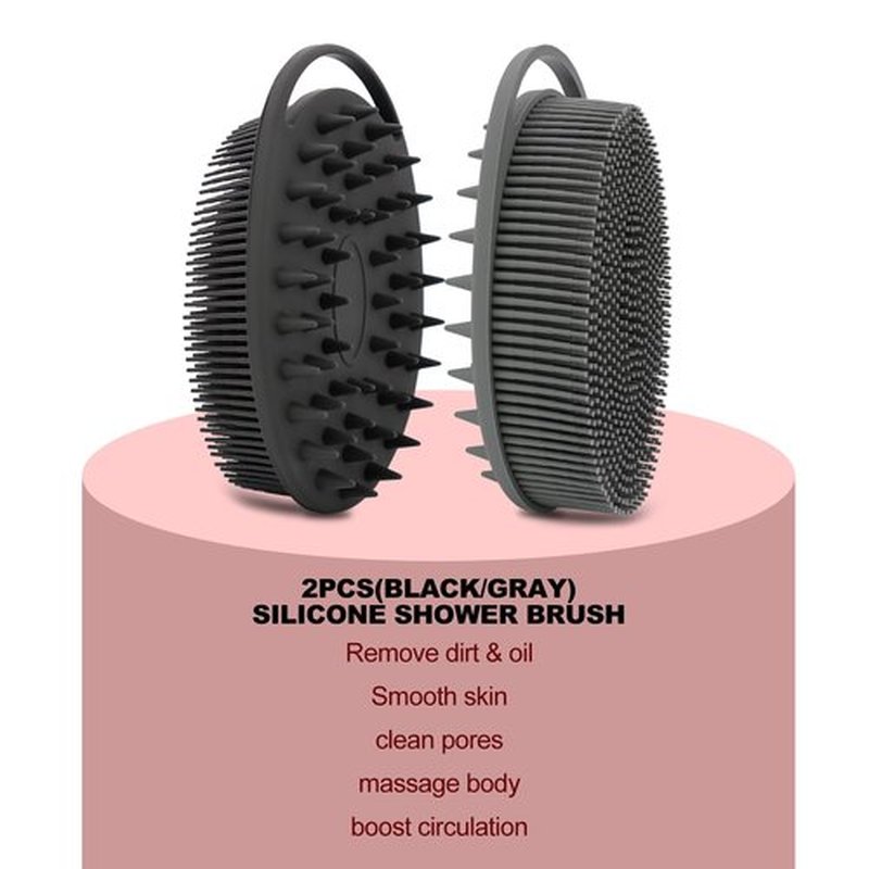 2 Pack Silicone Body Scrubber, Silicone Loofah Double-Sided Body Brush,Silicone Shower Scrubber and Scalp Massager Shampoo Brush for Sensitive Kids Women Men All Kinds of Skin (Black & Gray)