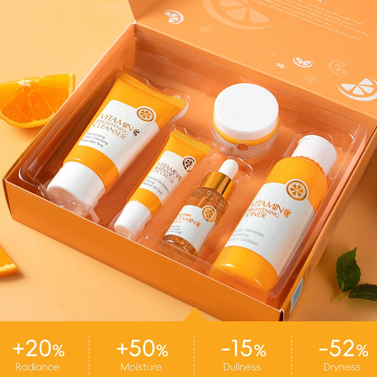 XTJXTJ Vitamin C Skincare Set, Complete Face Care Kit with Cleanser, Toner, Serum, Eye Cream and Face Cream