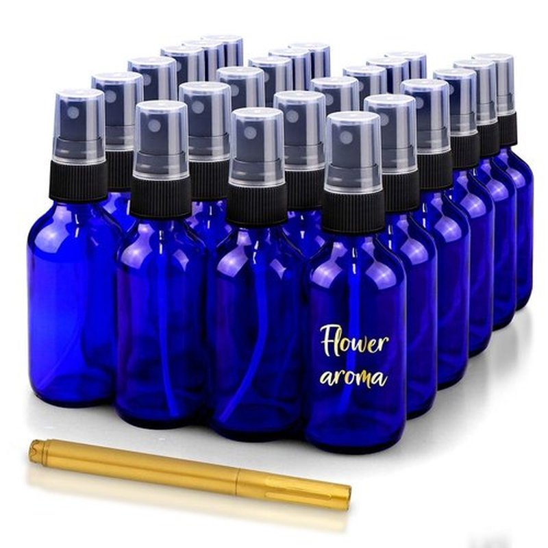 CULINAIRE 2oz Glass Spray Bottles for Essential Oils with Gold Pen Marker, Small Fine Mist Spray Bottle, Refillable, for Hair Spray, Essential Oils, Colognes, and Hand Sanitizers, Blue, Pack of 24