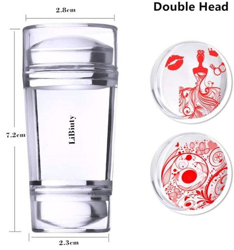 LiBiuty 2Pcs Dual Head Clear Jelly Nail Art Stamper Set 2 Scraper with Extra 8Pcs Silicone Heads Manicure Nail Art Tool