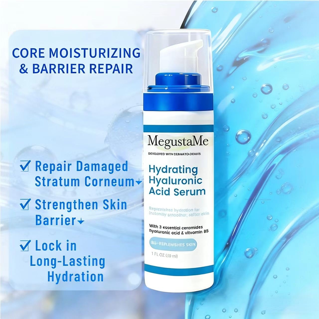 MegustaMe Hydrating Hyaluronic Acid Serum with 3 Ceramides, Vitamin B5 & Niacinamide - Paraben-Free, Replenishes Hydration for Smoother, Softer Skin - 1 Fl Oz (30ml)