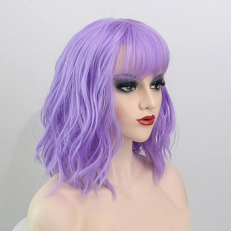 Amyqueen Short Purple Curly Wavy Bob Wigs for Women 12 Inch Shoulder Length Bob Wig with Bangs Synthetic Heat Resistant Fiber Wigs for Daily Party Cosplay Use (Purple)