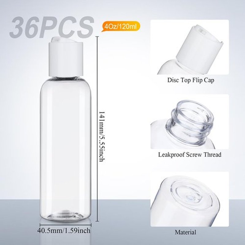 Zubebe 36 Pcs Plastic Travel Bottles with Disc Top Flip Cap Empty Refillable Squeeze Travel Containers for Shampoo Lotions Cream Toiletries Liquid Body Soap (Clear, 4 oz)