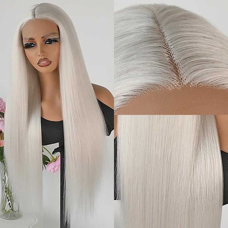 Maycaur Platinum White Synthetic Hair Wigs with Natural Hairline Long Straight Women's Wig 26 Inch Heat Resistant Synthetic Lace Front Wigs for Fashion Women