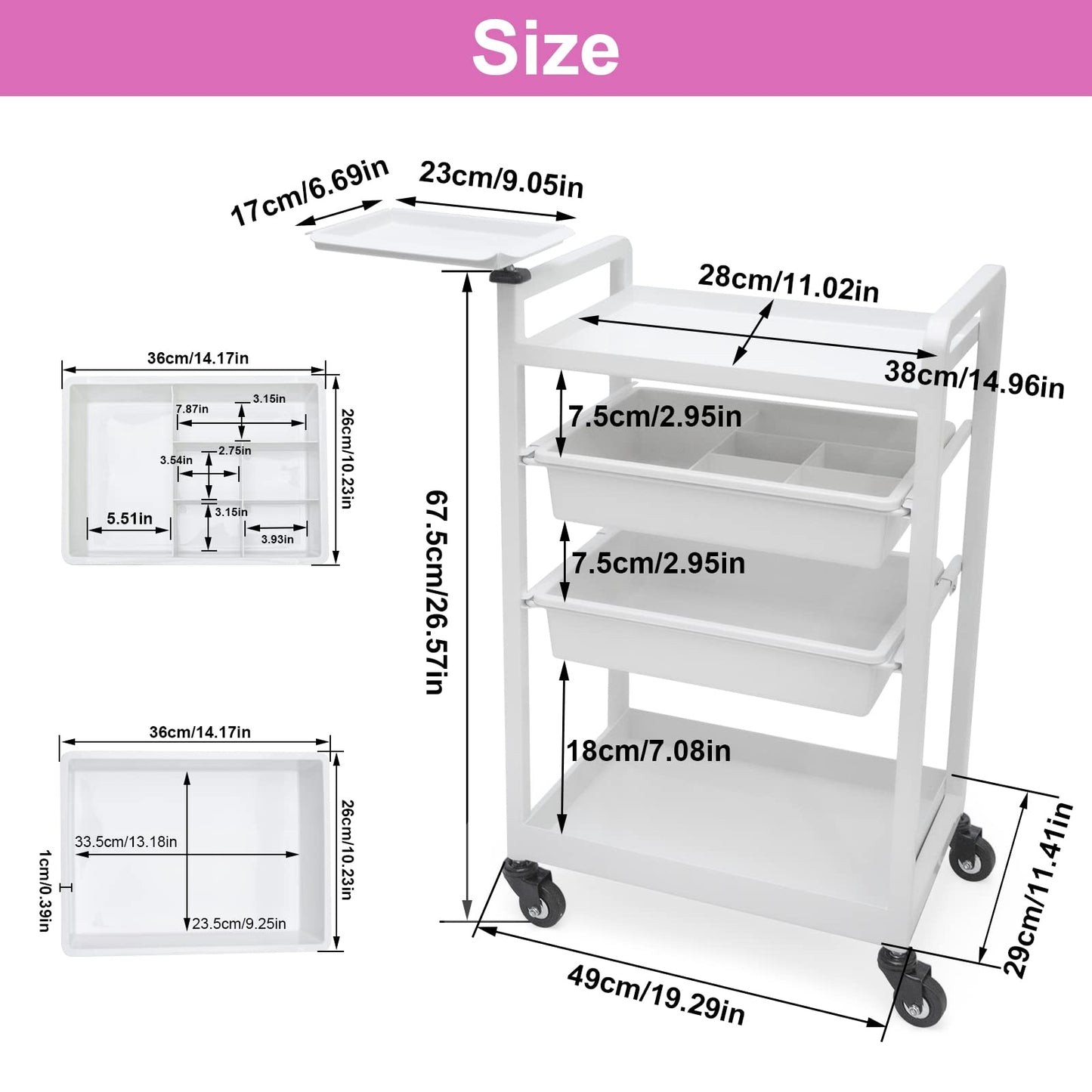 Lash Cart Beauty Eyelashes Cart Organizer Esthetician Utility Trolley Salon Spa Rolling Trolley with Wheels Metal Storage Tray Fully Assembled 4 Drawers White Elitzia ETST19