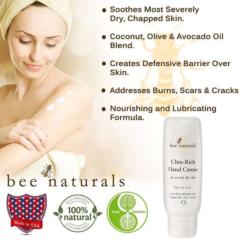 Bee Naturals Ultra-Rich Hand Cream - Intense Hydration for Dry, Cracked Skin | Coconut & Avocado Oils, Beeswax
